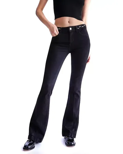 LIU JO Jeans nero a zampa con dettaglio catena