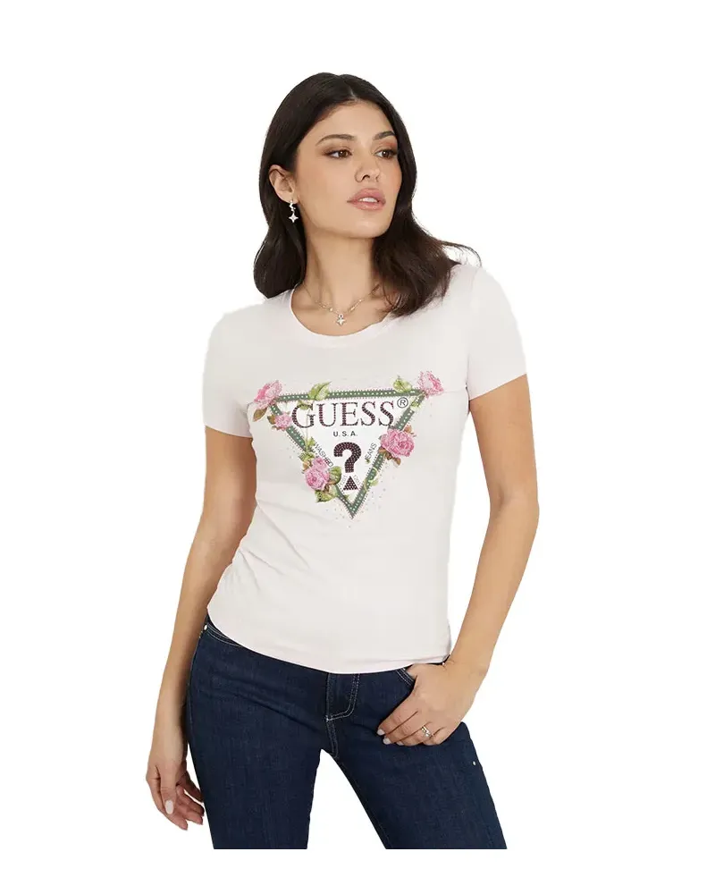 GUESS T-shirt logo fiori e strass