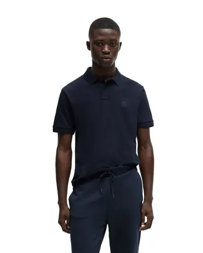 BOSS Polo slim fit in cotone e logo toppa - BLU